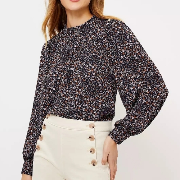 NWT Loft Floral Ruffle Neck Bib Blouse - Picture 6 of 8